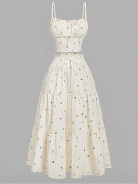 Cream Floral Maxi Dress Two-Piece Set